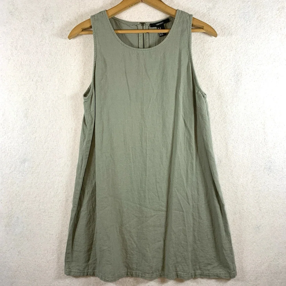Womens‎ Linen Blend Mini Shift Dress Sz M Sage Green Coastal Minimalist Beachy